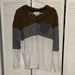 Men's Colorblock Hooded Pullover Sweater - Brown/Gray/White